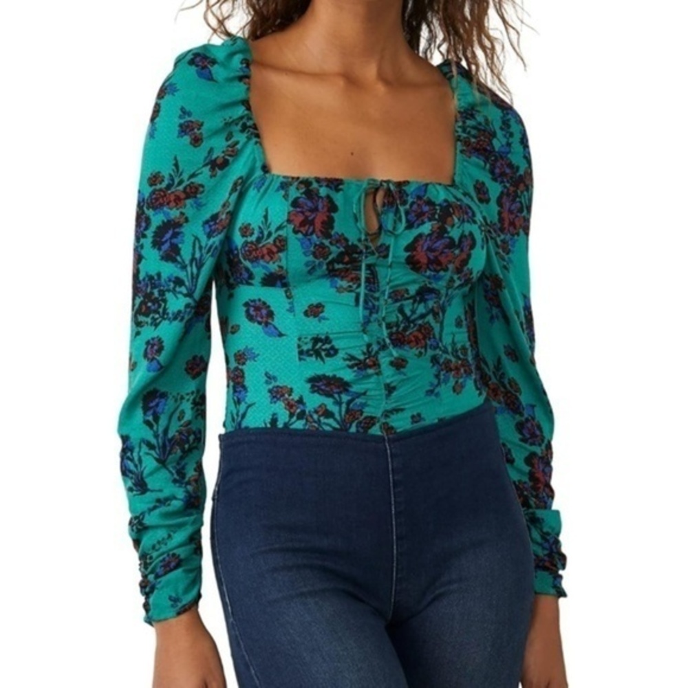 Free People - Hilary Printed Top Green Floral Square Neck Puff Sleeve NWT